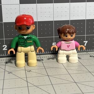 Lego Duplo Figures Zoo Keeper Red Cap Green/Beige & Girl Pink Shirt White Pants